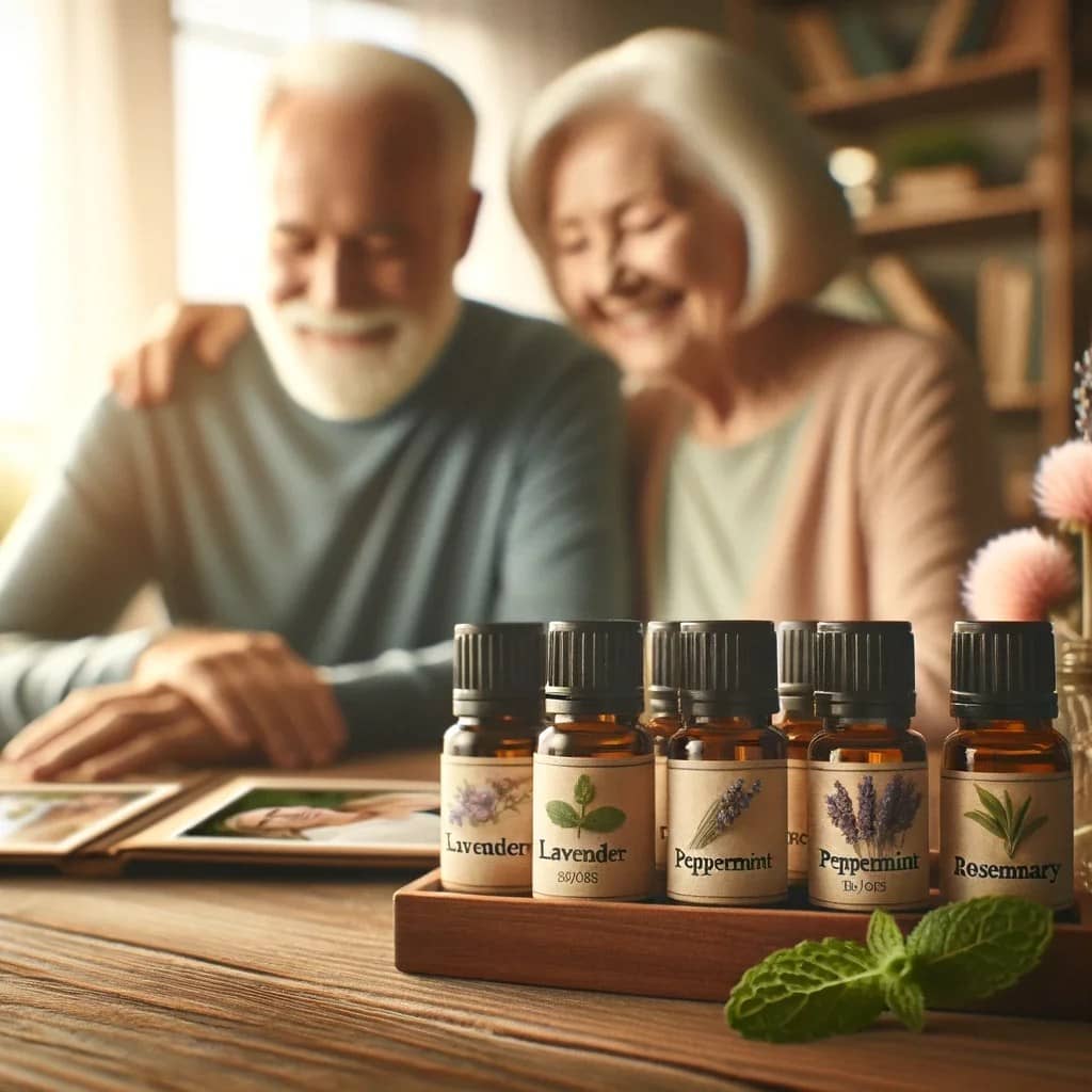 This one captures the essence of memory, featuring essential oil bottles in a serene setting with a background depicting an elderly couple reminiscing over a photo album. The image symbolizes the connection between scents and memory recall